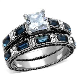 Staniless Steel Multi-Stone 2pc Wedding Ring Set
